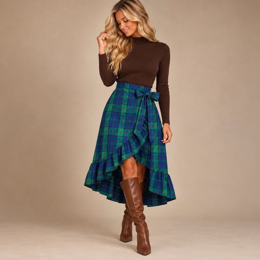 J.Crew Tartan Plaid Wrap Midi Skirt Size S Ruffle High Low Christmas Holiday